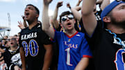 Kansas Jayhawks fans yell out during the game against West Virginia Mountaineers at David Booth Kansas Memorial Stadium on Sept. 20, 2025.