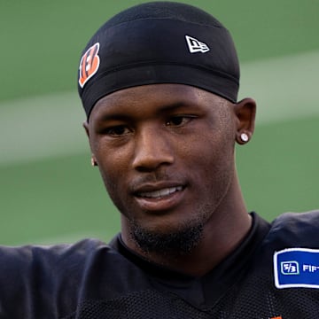 Cincinnati Bengals wide receiver Tee Higgins (5) stands on the field during Bengals Camp practice at Paycor Stadium in Cincinnati on Aug. 2, 2025.