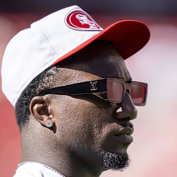 August 18, 2024; Santa Clara, California, USA; San Francisco 49ers wide receiver Deebo Samuel Sr. (1) watches warm ups before the game against the New Orleans Saints at Levi's Stadium. Mandatory Credit: Kyle Terada-Imagn Images