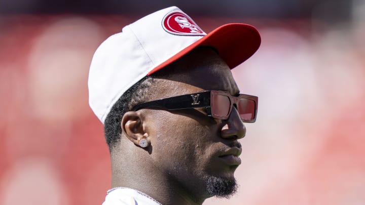 August 18, 2024; Santa Clara, California, USA; San Francisco 49ers wide receiver Deebo Samuel Sr. (1) watches warm ups before the game against the New Orleans Saints at Levi's Stadium. Mandatory Credit: Kyle Terada-Imagn Images