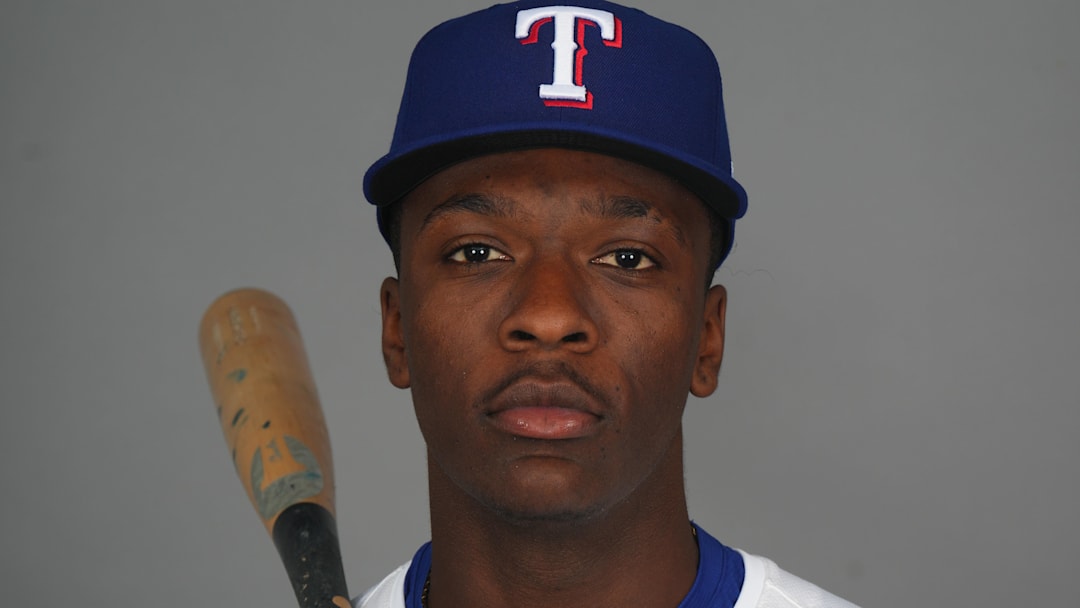 Feb 19, 2025; Surprise, AZ, USA; Texas Rangers player Sebastian Walcott poses for a photo during Media Day at Surprise Stadium. Feb 19, 2025; Surprise, AZ, USA; Texas Rangers player Sebastian Walcott poses for a photo during Media Day at Surprise Stadium.