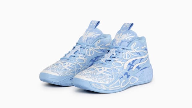 LaMelo Ball's blue and white PUMA basketball shoes.