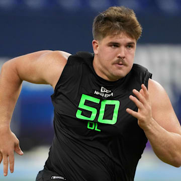 Mar 2, 2025; Indianapolis, IN, USA; North Dakota State offensive lineman Grey Zabel (OL50) during the 2025 NFL Scouting Combine at Lucas Oil Stadium.  