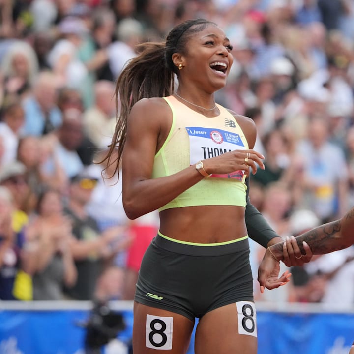 Gabby Thomas celebrates after winning the women's 200m at the US Olympic Team Trials 