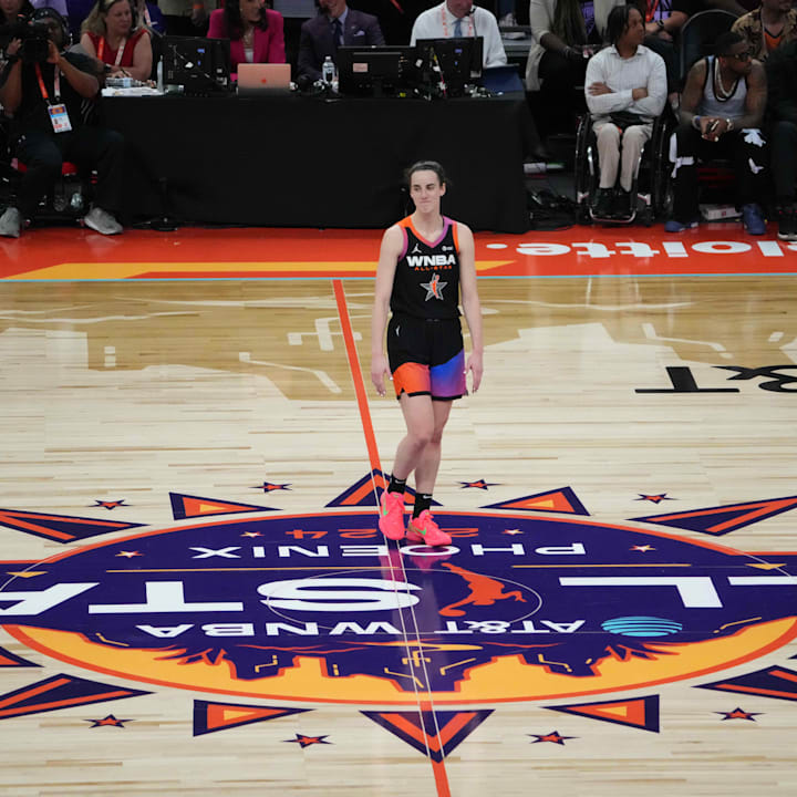 Team WNBA guard Caitlin Clark looks on during the WNBA All Star Game at Footprint Center. 