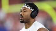 Myles Garrett warms up before the game against the New York Jets at Cleveland Browns Stadium.