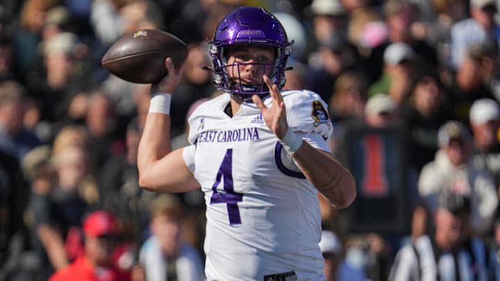 Oct 19, 2024; West Point, New York, USA; East Carolina Pirates quarterback Katin Houser (4) passes during the second quarter against the Army Black Knights at Michie Stadium. Mandatory Credit: Lucas Boland-Imagn Images
