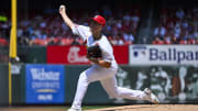 Jul 31, 2024; St. Louis, Missouri, USA;  St. Louis Cardinals starting pitcher Michael McGreevy (36) pitched against the Texas Rangers during the first inning of his Major League Debut at Busch Stadium.