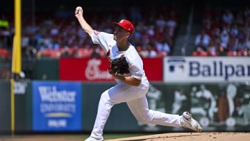 Jul 31, 2024; St. Louis, Missouri, USA;  St. Louis Cardinals starting pitcher Michael McGreevy (36) pitched against the Texas Rangers during the first inning of his Major League Debut at Busch Stadium.