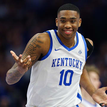Mar 4, 2025; Lexington, Kentucky, USA; Kentucky Wildcats forward Brandon Garrison (10) reacts after making a three-point basket during the first half against the LSU Tigers at Rupp Arena at Central Bank Center. Mandatory Credit: Jordan Prather-Imagn Images