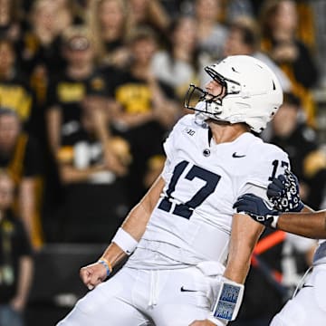 Penn State Nittany Lions quarterback Ethan Grunkemeyer (17) reacts after a touchdown against the Iowa Hawkeyes during the first quarter at Kinnick Stadium. 
