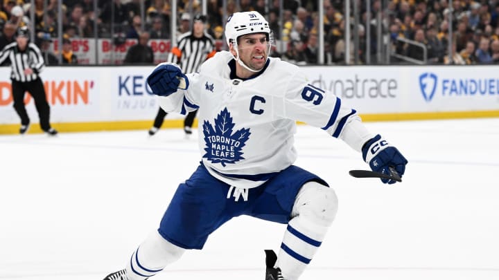 Apr 22, 2024; Boston, Massachusetts, USA; Toronto Maple Leafs center John Tavares (91) reacts after scoring a goal against the Boston Bruins during the second period in game two of the first round of the 2024 Stanley Cup Playoffs at TD Garden. Mandatory Credit: Brian Fluharty-USA TODAY Sports