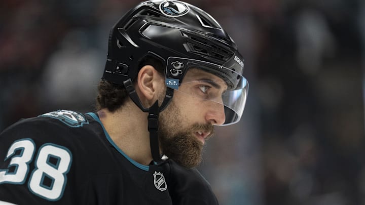 Mar 3, 2026; San Jose, California, USA;  San Jose Sharks defenseman Mario Ferraro (38) during the first period against the Montreal Canadiens at SAP Center at San Jose. Mandatory Credit: Stan Szeto-Imagn Images