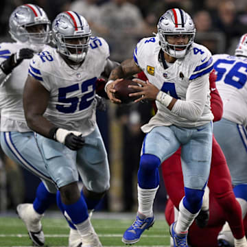 Dallas Cowboys quarterback Dak Prescott runs with the ball during the game between the Cowboys and the Arizona Cardinals.