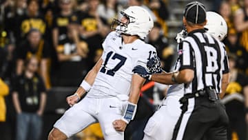Penn State football quarterback Ethan Grunkemeyer (17) reacts after a touchdown against the Iowa Hawkeyes