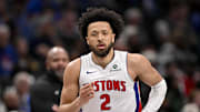 Mar 21, 2025; Dallas, Texas, USA; Detroit Pistons guard Cade Cunningham (2) runs back up the court against the Dallas Mavericks during the second half at the American Airlines Center. Mandatory Credit: Jerome Miron-Imagn Images