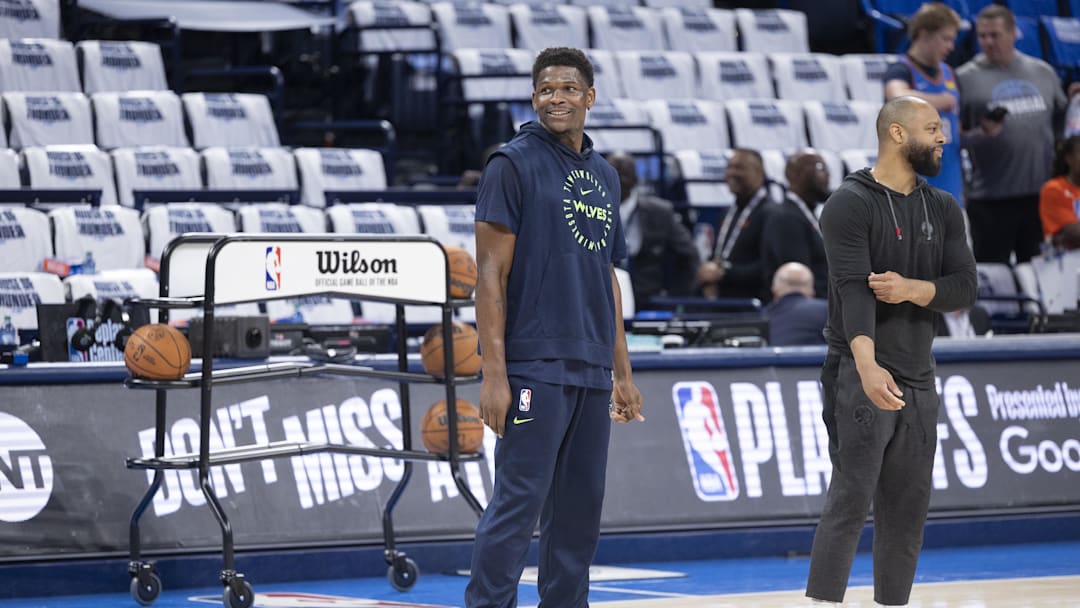 May 28, 2025; Oklahoma City, Oklahoma, USA; Minnesota Timberwolves guard Anthony Edwards warms up before game five of the western conference finals against the Oklahoma City Thunder for the 2025 NBA Playoffs at Paycom Center. Mandatory Credit: Alonzo Adams-Imagn Images May 28, 2025; Oklahoma City, Oklahoma, USA; Minnesota Timberwolves guard Anthony Edwards warms up before game five of the western conference finals against the Oklahoma City Thunder for the 2025 NBA Playoffs at Paycom Center. Mandatory Credit: Alonzo Adams-Imagn Images