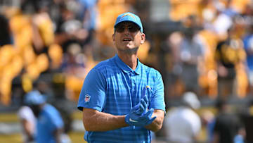 Sep 22, 2024; Pittsburgh, Pennsylvania, USA; Los Angeles Chargers head coach Jim Harbaugh looks on before the game against the Pittsburgh Steelers at Acrisure Stadium. Mandatory Credit: Barry Reeger-Imagn Images