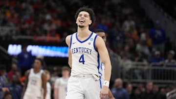 Mar 23, 2025; Milwaukee, WI, USA;  Kentucky Wildcats guard Koby Brea (4) reacts during the second half in the second round of the NCAA Tournament against the Illinois Fighting Illini at Fiserv Forum. Mandatory Credit: Jeff Hanisch-Imagn Images