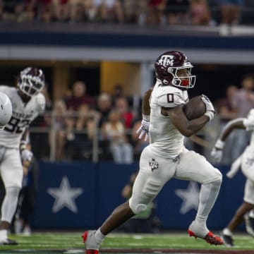 Sep 30, 2023; Arlington, Texas, USA; Texas A&M Aggies wide receiver Ainias Smith (0) In action during the game between the Texas A&M Aggies and the Arkansas Razorbacks at AT&T Stadium. Mandatory Credit: Jerome Miron-USA TODAY Sports