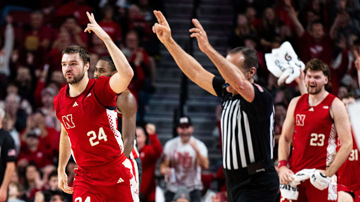 Feb 9, 2025; Lincoln, Nebraska, USA; Nebraska Cornhuskers guard Rollie Worster (24) celebrates after a three point basket against the Ohio State Buckeyes during the second half at Pinnacle Bank Arena. Mandatory Credit: Dylan Widger-Imagn Images