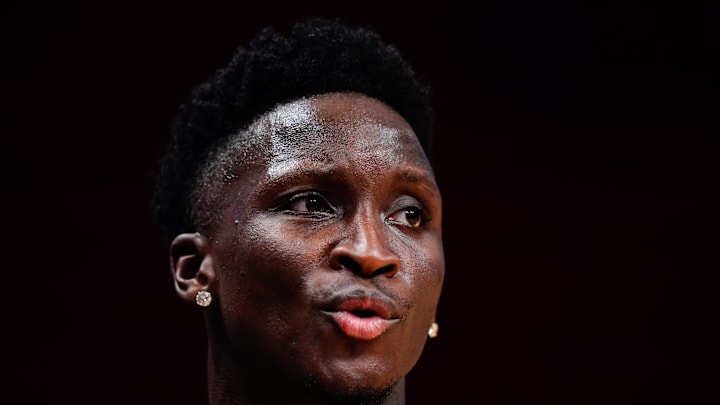 Nov 7, 2022; Miami, Florida, USA; Miami Heat guard Victor Oladipo (4) warms up prior to a game against the Portland Trail Blazers at FTX Arena. Mandatory Credit: Rich Storry-Imagn Images