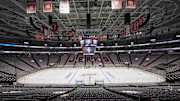 May 1, 2019; Raleigh, NC, USA; A general view of PNC Arena prior to game three of the second round of the 2019 Stanley Cup Playoffs between the Carolina Hurricanes and the New York Islanders. Mandatory Credit: James Guillory-Imagn Images