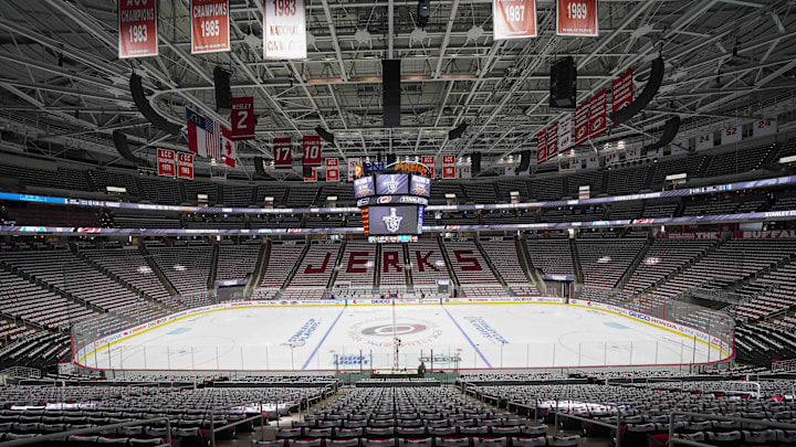 May 1, 2019; Raleigh, NC, USA; A general view of PNC Arena prior to game three of the second round of the 2019 Stanley Cup Playoffs between the Carolina Hurricanes and the New York Islanders. Mandatory Credit: James Guillory-Imagn Images