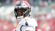 Sep 28, 2025; Tampa, Florida, USA; Tampa Bay Buccaneers offensive tackle Tristan Wirfs (78) looks on before the game against the Philadelphia Eagles at Raymond James Stadium. Mandatory Credit: Kim Klement Neitzel-Imagn Images