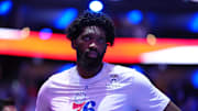 Oct 31, 2025; Philadelphia, Pennsylvania, USA; Philadelphia 76ers center Joel Embiid (21) looks on before the game against the Boston Celtics at Xfinity Mobile Arena. Mandatory Credit: Kyle Ross-Imagn Images