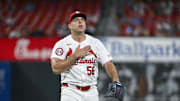 Aug 28, 2024; St. Louis, Missouri, USA;  St. Louis Cardinals relief pitcher Ryan Helsley (56) reacts after striking out San Diego Padres third baseman Manny Machado (not pictured) during the ninth inning at Busch Stadium. Mandatory Credit: Jeff Curry-Imagn Images