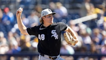 Mar 11, 2025; Peoria, Arizona, USA; Chicago White Sox pitcher Jonathan Cannon against the San Diego Padres during a spring training game at Peoria Sports Complex. Mandatory Credit: Mark J. Rebilas-Imagn Images