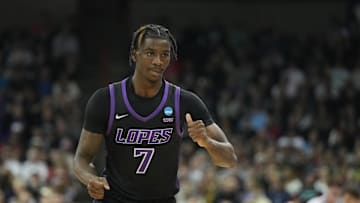 Mar 24, 2024; Spokane, WA, USA; Grand Canyon Antelopes guard Tyon Grant-Foster (7) celebrates play in the first half against the Alabama Crimson Tide at Spokane Veterans Memorial Arena. Mandatory Credit: Kirby Lee-Imagn Images