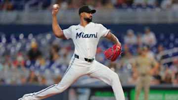 Jul 23, 2025; Miami, Florida, USA; Miami Marlins starting pitcher Sandy Alcantara (22) delivers a pitch against the San Diego Padres during the first inning at loanDepot Park. Mandatory Credit: Sam Navarro-Imagn Images