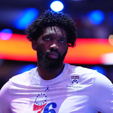 Oct 31, 2025; Philadelphia, Pennsylvania, USA; Philadelphia 76ers center Joel Embiid (21) looks on before the game against the Boston Celtics at Xfinity Mobile Arena. Mandatory Credit: Kyle Ross-Imagn Images