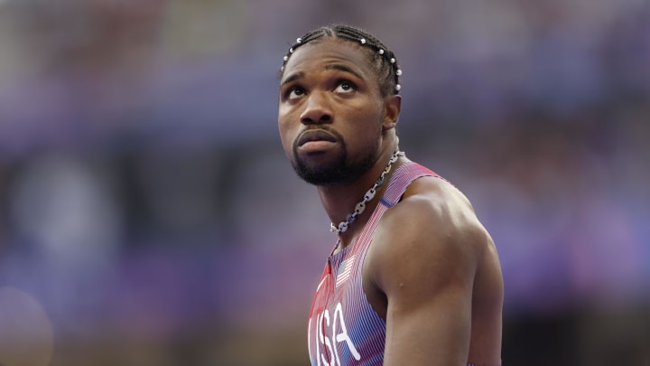 Aug 4, 2024; Paris Saint-Denis, France; Noah Lyles (USA) reacts after competing in a men's 100m semifinal during the Paris 2024 Olympic Summer Games at Stade de France. 