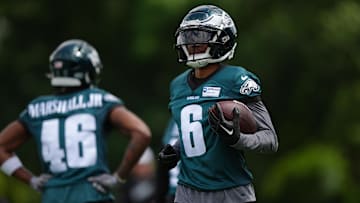 Jun 10, 2025; Philadelphia, PA, USA; Philadelphia Eagles wide receiver DeVonta Smith (6) performs a practice drill at NovaCare Complex.