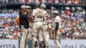 May 18, 2025; San Francisco, California, USA; San Francisco Giants pitcher Justin Verlander (35) has a conference at the mound during the fourth inning against the Oakland Athletics at Oracle Park. 