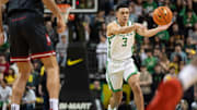 Oregon guard Jackson Shelstad passes the ball as the Oregon Ducks host the Indiana Hoosiers Tuesday, March 4, 2025, at Matthew Knight Arena in Eugene, Ore.