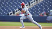 Mar 5, 2025; West Palm Beach, Florida, USA; St. Louis Cardinals left feilder JJ Wetherholt (87) runs to second base against the Houston Astros during the second inning at CACTI Park of the Palm Beaches. Mandatory Credit: Rich Storry-Imagn Images