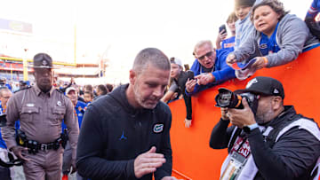 Florida Gators head coach Billy Napier claps his hands at Ben Hill Griffin Stadium in Gainesville, FL on Saturday, November 23, 2024 after the Gators defeated the Rebels 24-17 [Doug Engle/Gainesville Sun]