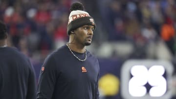 Jan 13, 2024; Houston, Texas, USA; Cleveland Browns quarterback Deshaun Watson looks on from the sideline in a 2024 AFC wild card game against the Houston Texans at NRG Stadium.