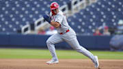 Mar 5, 2025; West Palm Beach, Florida, USA; St. Louis Cardinals left fielder JJ Wetherholt (87) runs to second base against the Houston Astros during the second inning at CACTI Park of the Palm Beaches. Mandatory Credit: Rich Storry-Imagn Images