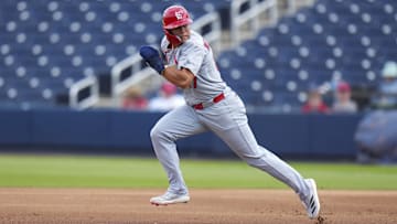 Mar 5, 2025; West Palm Beach, Florida, USA; St. Louis Cardinals left feilder JJ Wetherholt (87) runs to second base against the Houston Astros during the second inning at CACTI Park of the Palm Beaches. Mandatory Credit: Rich Storry-Imagn Images