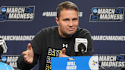 Mar 19, 2025; Providence, RI, USA; McNeese State Cowboys head coach Will Wade answers questions during the first round practice session press conference at Amica Mutual Pavilion. Mandatory Credit: Gregory Fisher-Imagn Images