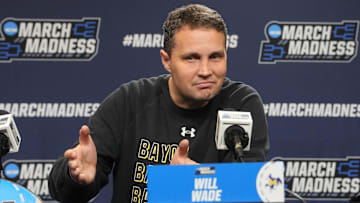 Mar 19, 2025; Providence, RI, USA; McNeese State Cowboys head coach Will Wade answers questions during the first round practice session press conference at Amica Mutual Pavilion. Mandatory Credit: Gregory Fisher-Imagn Images