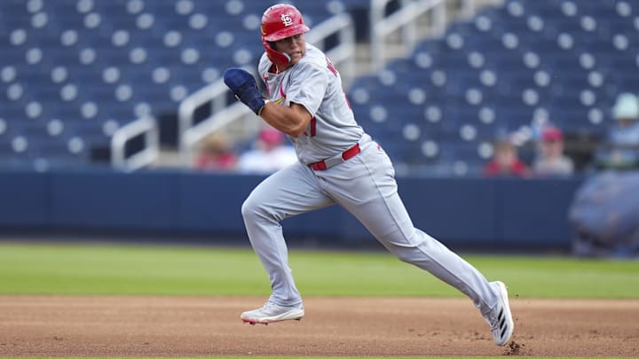 JJ Wetherholt runs to second base against the Houston Astros during the second inning of a Spring Training matchup. Mandatory Credit: Rich Storry-Imagn Images