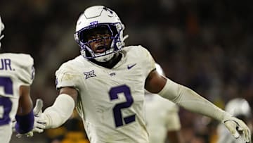 Sep 26, 2025; Tempe, Arizona, USA; TCU Horned Frogs safety Jamel Johnson (2) high fives cornerback Vernon Glover (26) after pass breakup in the second half at Mountain America Stadium, Home of the ASU Sun Devils. Mandatory Credit: Jacob Reiner-Imagn Images