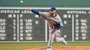 May 21, 2025; Boston, Massachusetts, USA; New York Mets starting pitcher Tylor Megill (38) pitches against the Boston Red Sox during the first inning at Fenway Park. Mandatory Credit: Eric Canha-Imagn Images