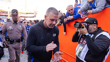Florida Gators head coach Billy Napier claps his hands at Ben Hill Griffin Stadium in Gainesville, FL on Saturday, November 23, 2024 after the Gators defeated the Rebels 24-17 [Doug Engle/Gainesville Sun]